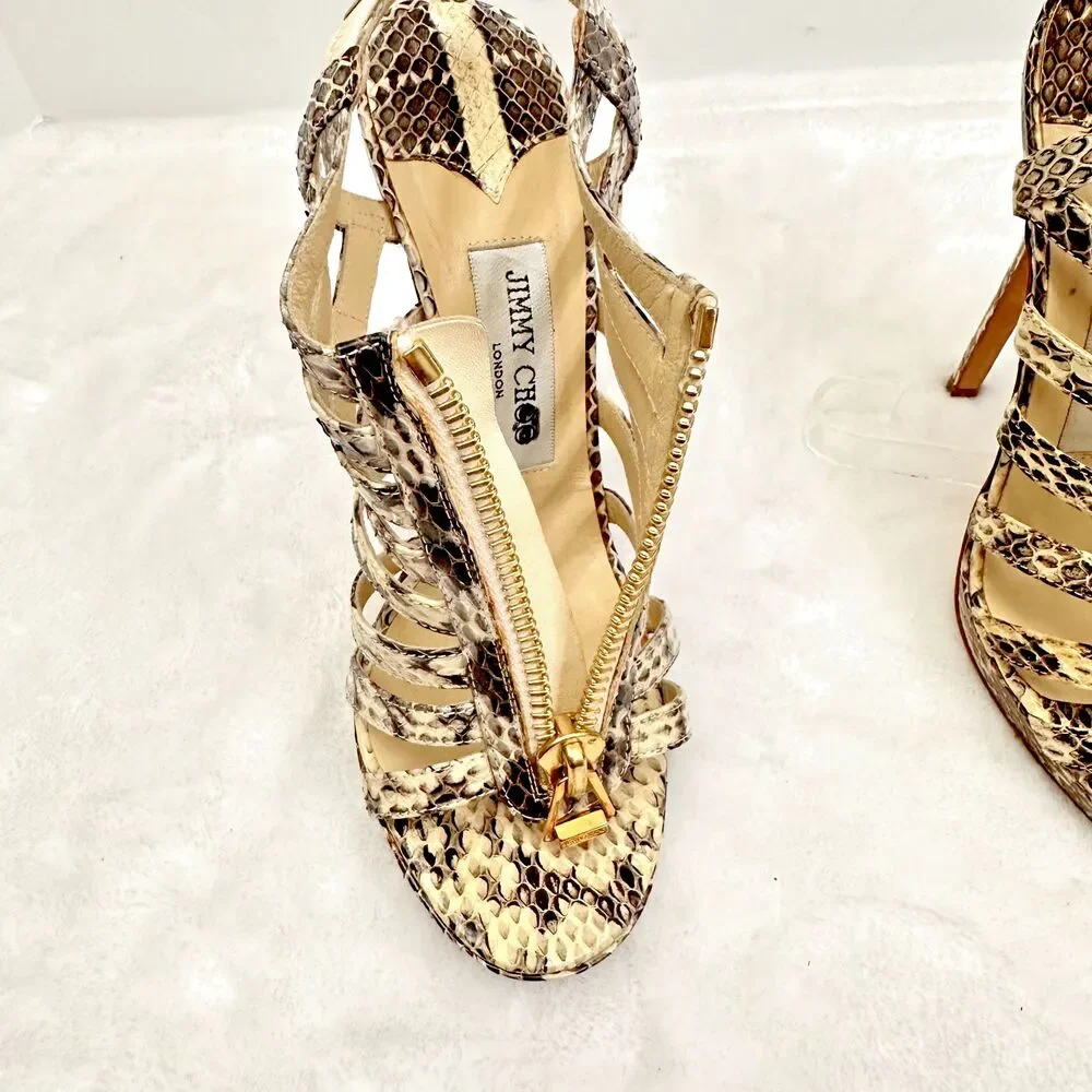 Jimmy Choo Women's Snakeskin Heels Strappy Sandals Front Gold Zip Python SZ 37 - Picture 14 of 14